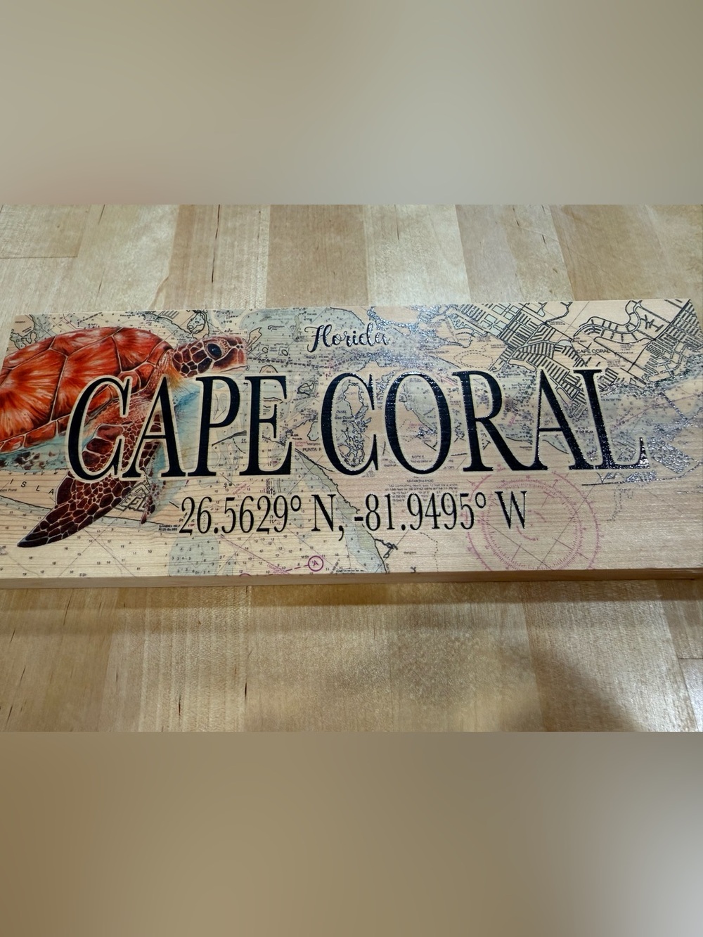Cape Coral Wooden Wall Sign with Turtle - Orange/Black